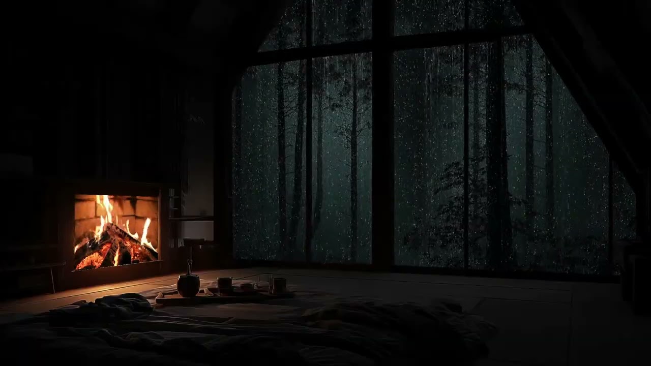 Rain echoing through the trees around a calm and secluded forest cabin