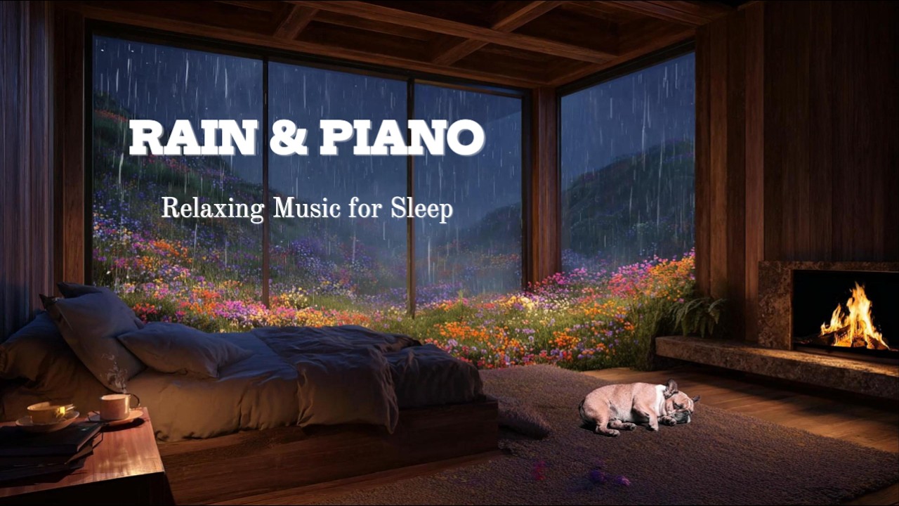 Rain on Glass & Soft Piano for Deep Sleep | Cozy Fireplace Ambience