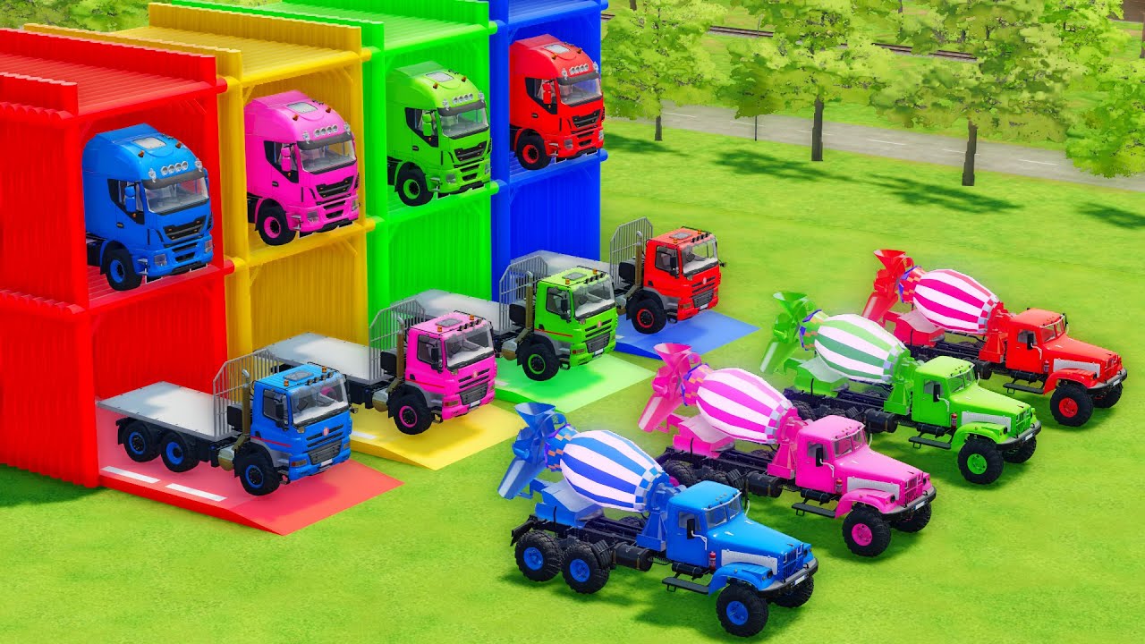 Garage with Colors - ALL MIXER TRUCK WITH DOUBLE FLATBED TRAILER TRUCK, IVECO, TATRA, KRAZ - FS22