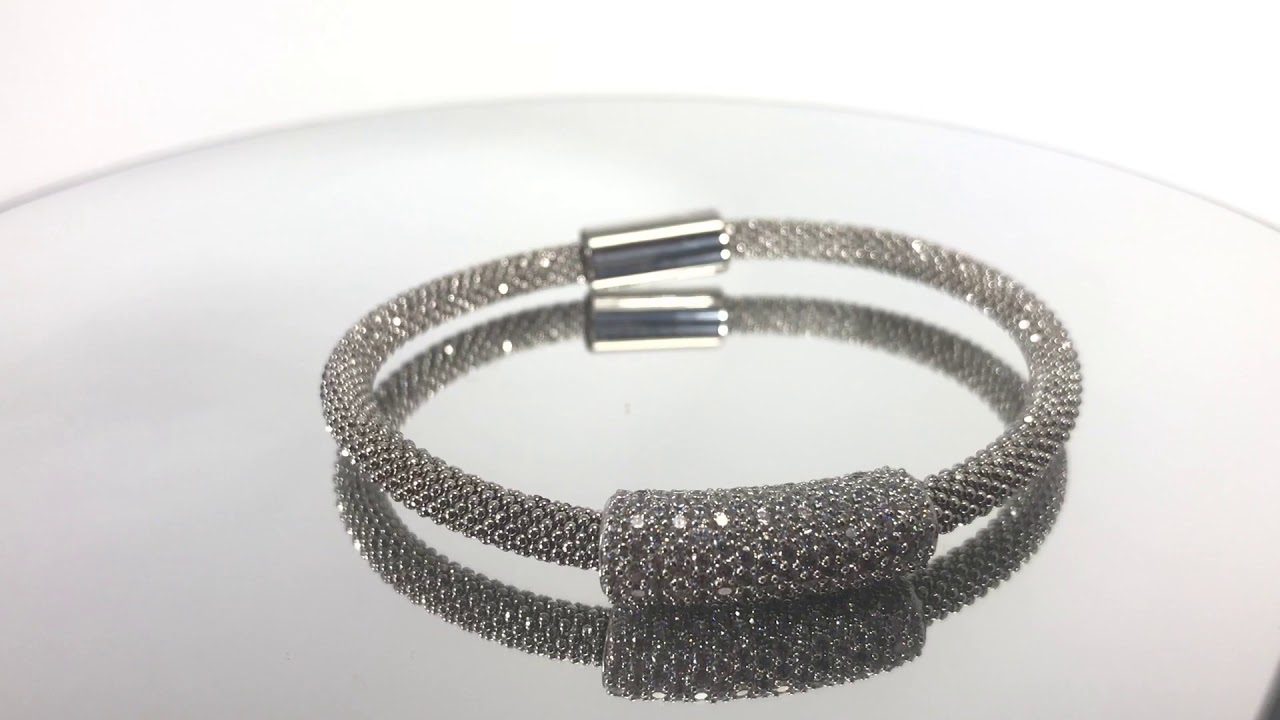 Sterling Silver CZ Magnetic Closure Mesh Bracelet Rhodium Plated