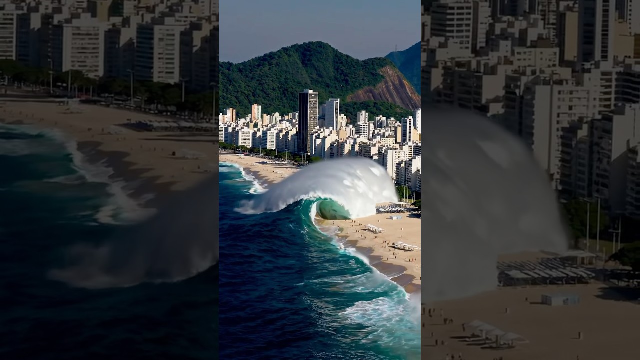 Helicopter films Tidal Wave hitting Copacabana in Brazil 