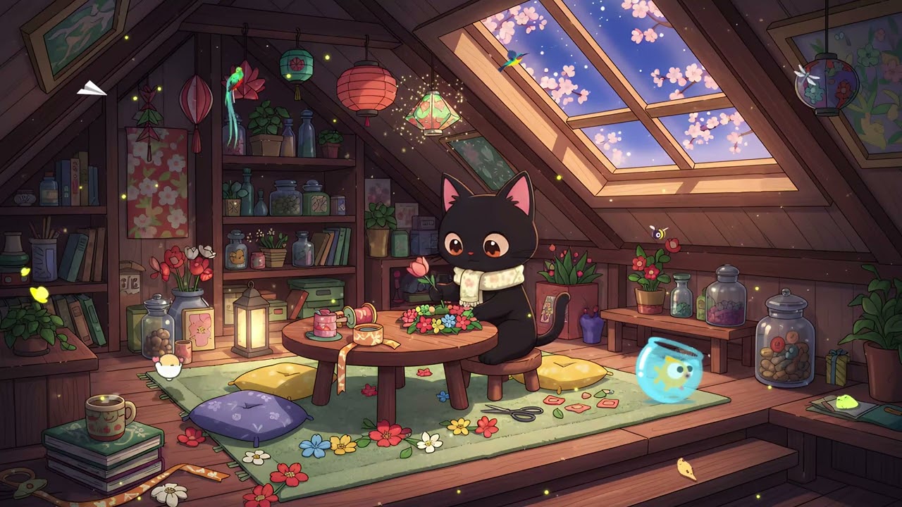 Spring Night with Milo 🌙 Peaceful Lofi Music 🐾 to Relax, Study, or Vibe in the Cozy Attic