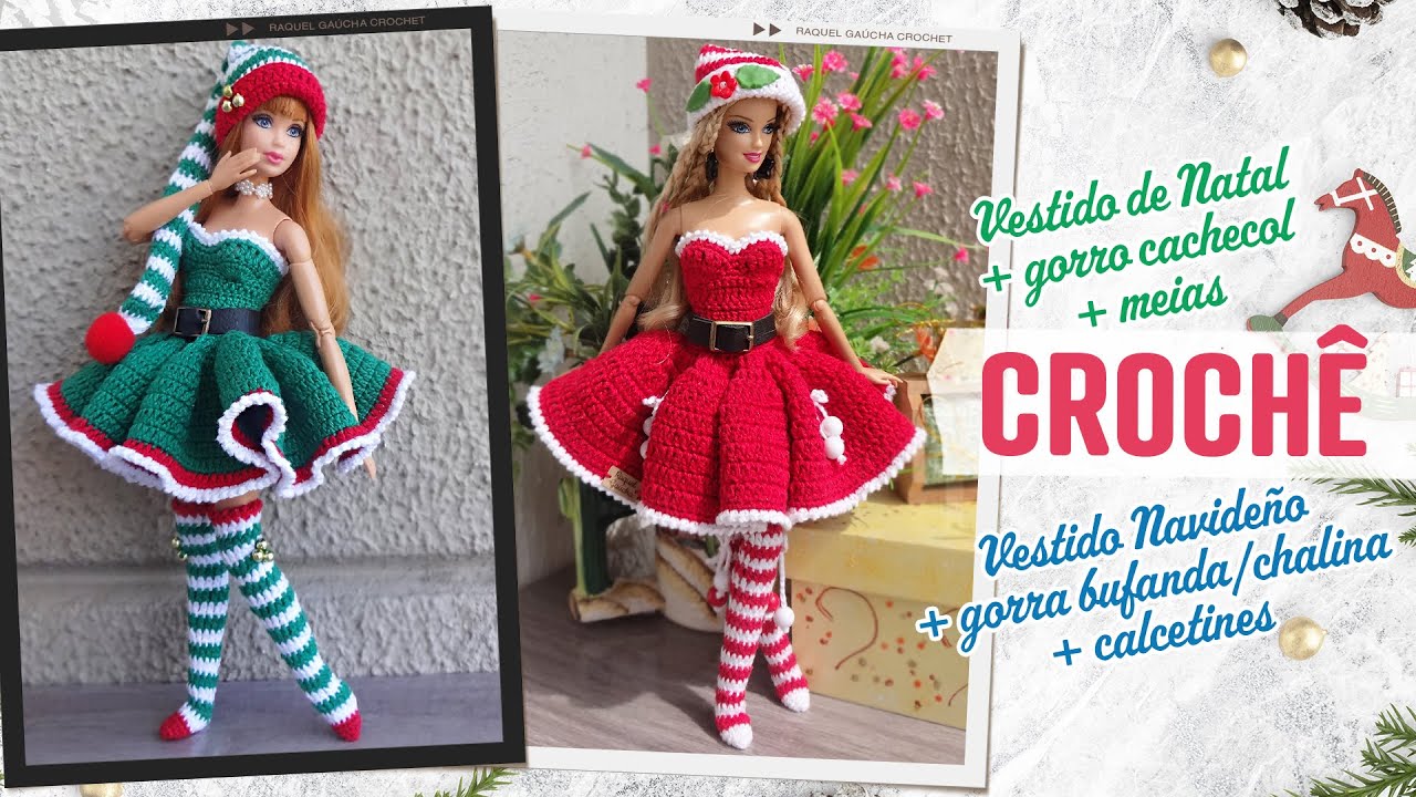 Vestido de Natal + Gorro Cachecol e Meias de Crochê para Bonecas