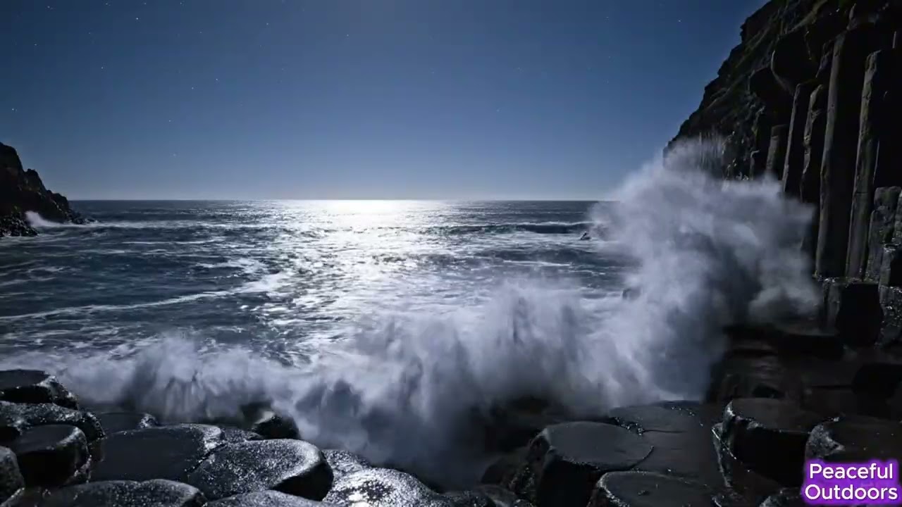 Moonlit Ocean Waves on Rocky Cliffs 🌙 3 Hours of Calming Night Ocean Sounds for Sleep