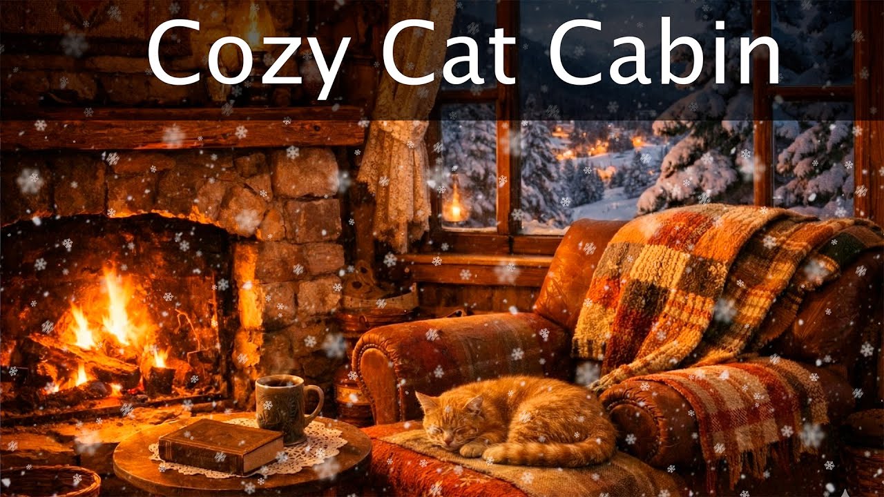 Cozy Winter Cabin Evening | Fireplace, Sleeping Cat & Snowy Village View Ambience