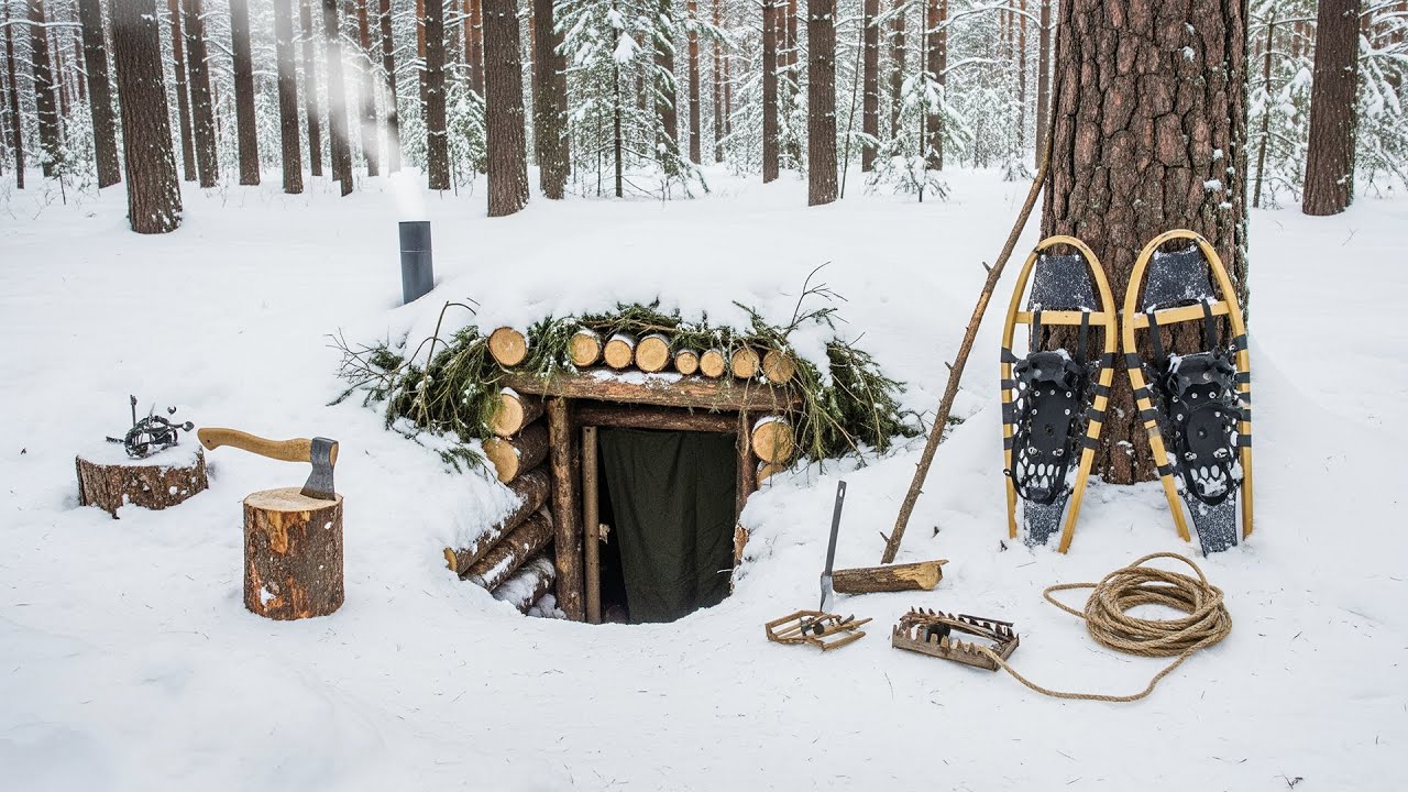 Winter Bushcraft Survival in a Hidden Underground Shelter