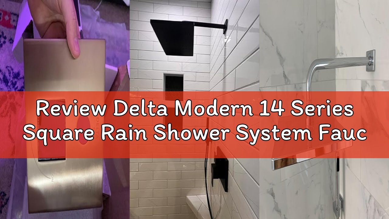 Review Delta Modern 14 Series Square Rain Shower System Faucet Set, Rainfall Matte Black Shower Head