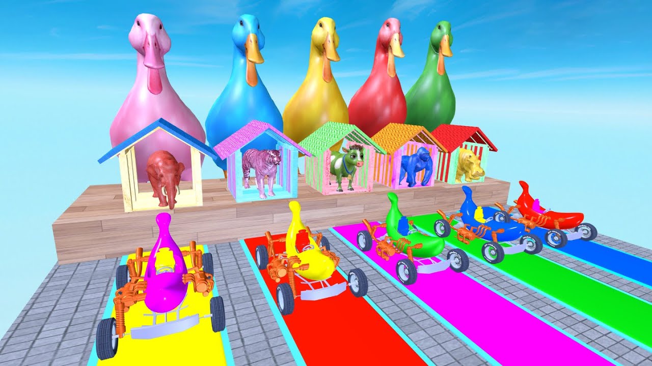 Long Slide Game With Cow Elephant Gorilla Hippopotamus Tiger - 3d Animal Game - Funny 3d Animals