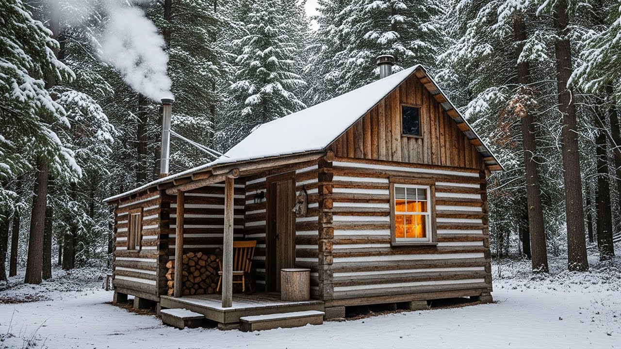Finished My Off Grid Log Cabin in the Forest  Cozy Survival Shelter with Wood Stove