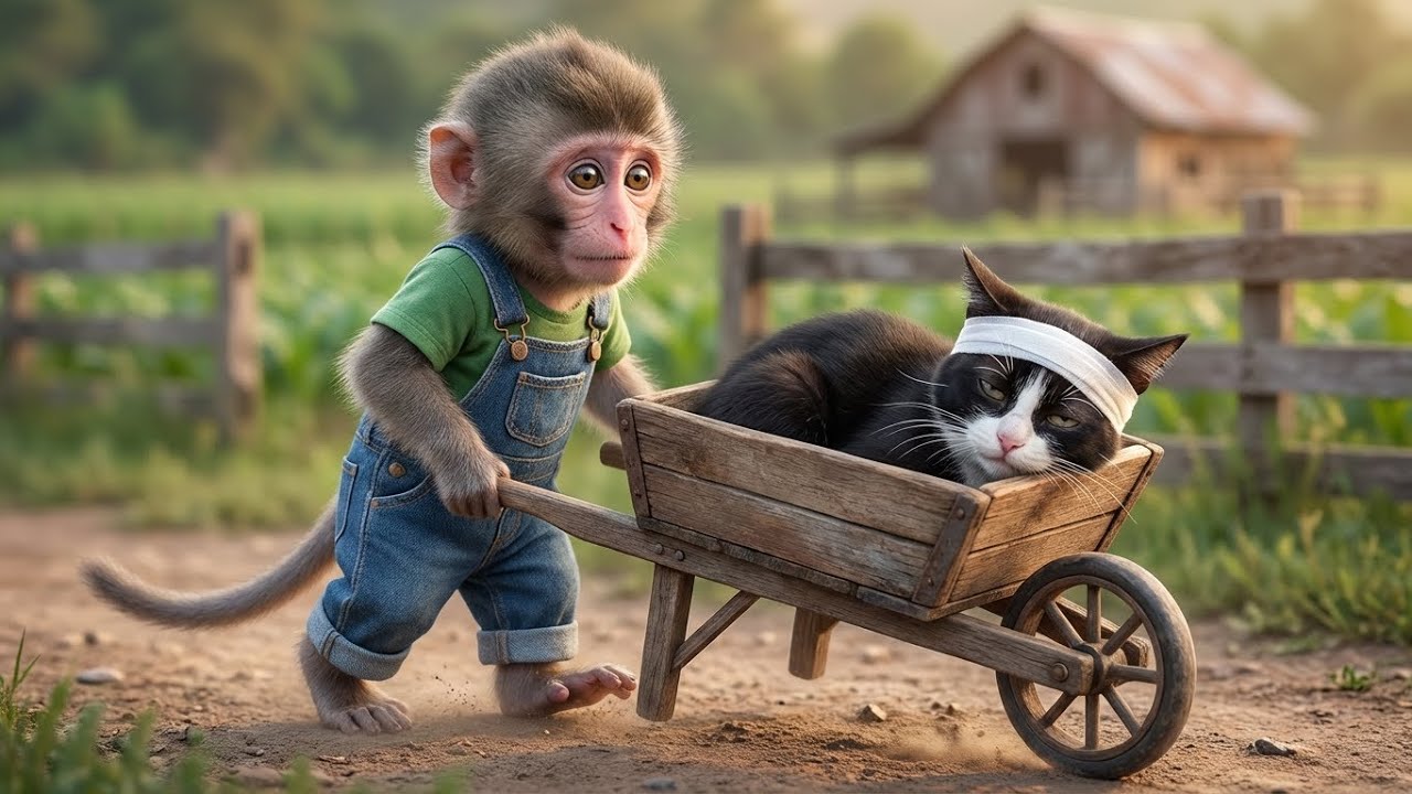 Baby Monkey’s Rescue Cart: Saving the Injured Farm Cat! 🐒🩹🐱