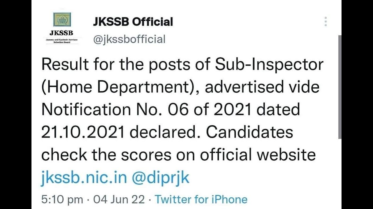 JKSSB Result Of Sub Inspector (Home Department) Declared.