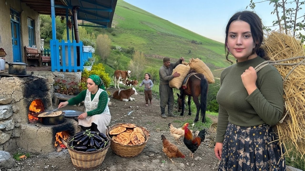 IRAN rural life; cooking bread and traditional dinner 
