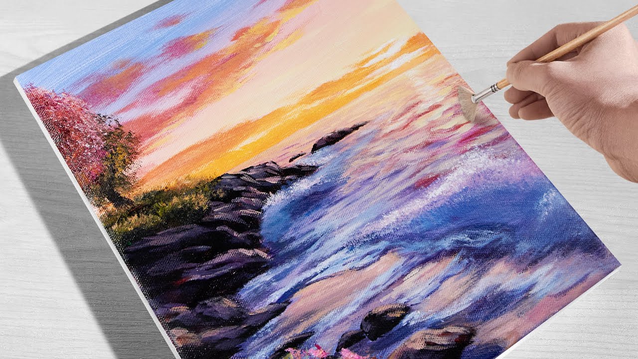 🎨 Acrylic Painting Step by Step | Serene Sunrise Over the Ocean