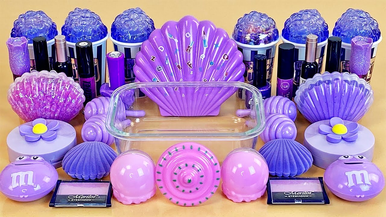 ASMR Slime Mixing ”PURPLE” 💜🦪💤 makeup, Eyeshadow, glitter into slime. Satisfying slime video.