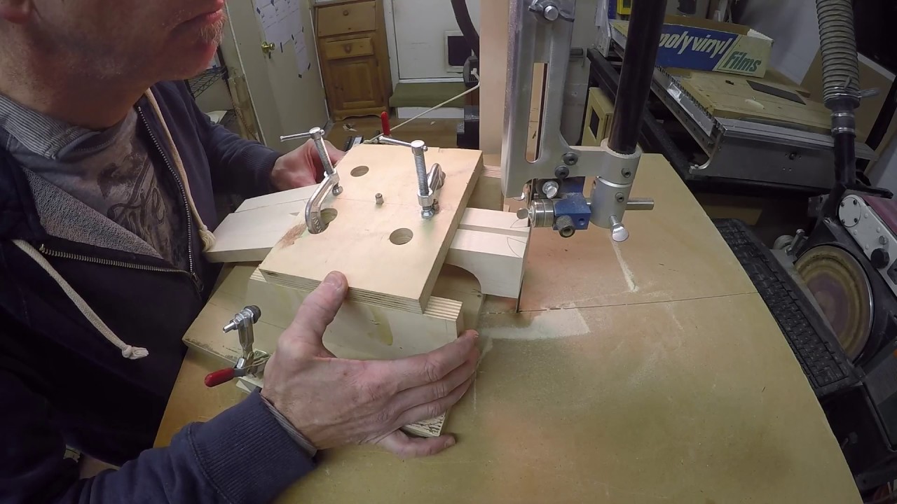 Cutting a compound dovetail neck joint on the bandsaw with Clark Mandolins