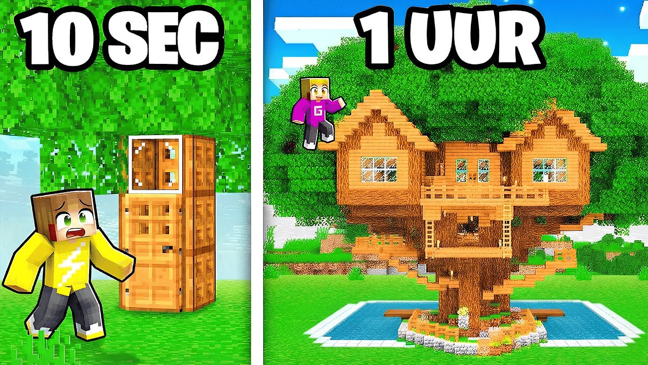 10 SECONDE VS 1 UUR BOOMHUT CHALLENGE (Minecraft)