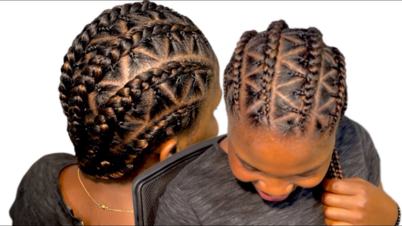 How To: five(5) feed-in cornrow with side triangle braids. #Triangle-braids