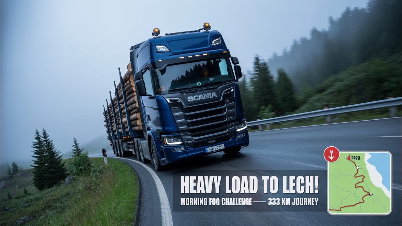 Hauling 26 Tons of Logs in Morning Fog | Munich to Lech (333 KM Challenge)