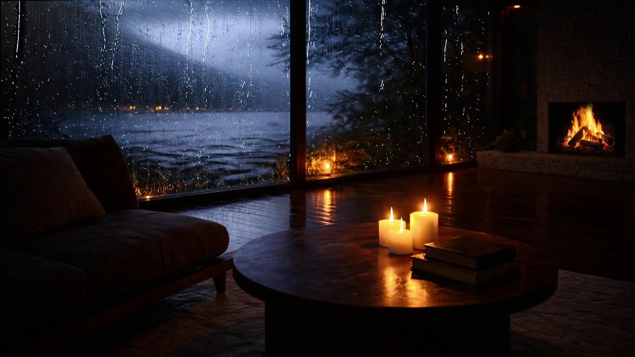 Rainy Lake House Jazz 🌙 Relaxing Fireplace Ambience