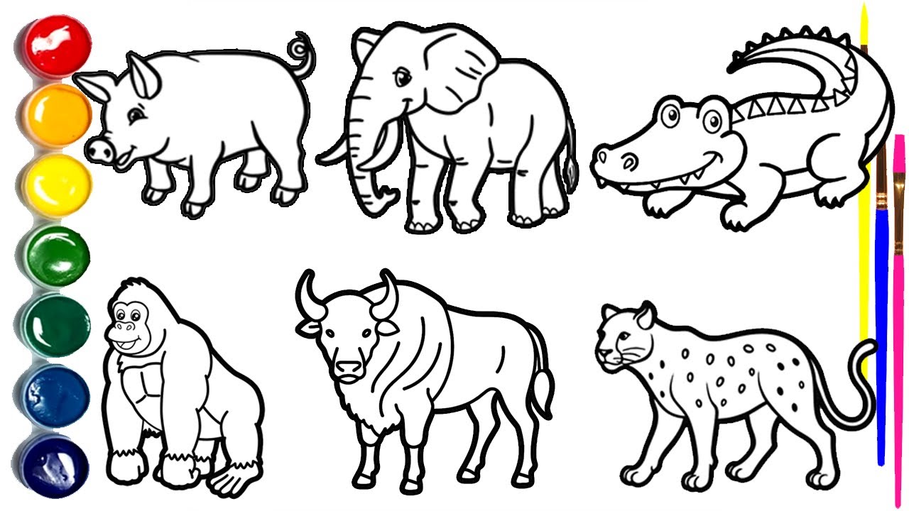Как нарисовать 6 диких животных для детей 🐷🐘🐊🦍🐂🐆! Дети рисуют животных