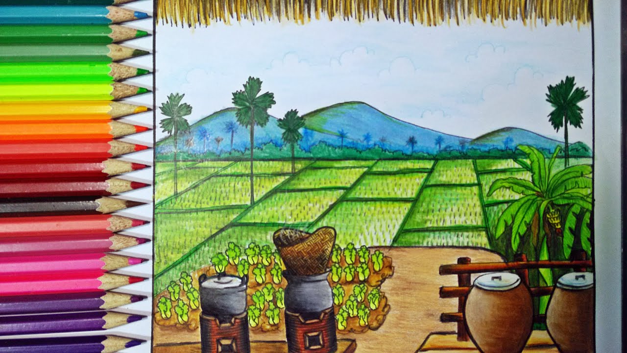 วาดภาพวิวทุ่งนาเศรษฐกิจพอเพียง How to draw Sufficiency Economy