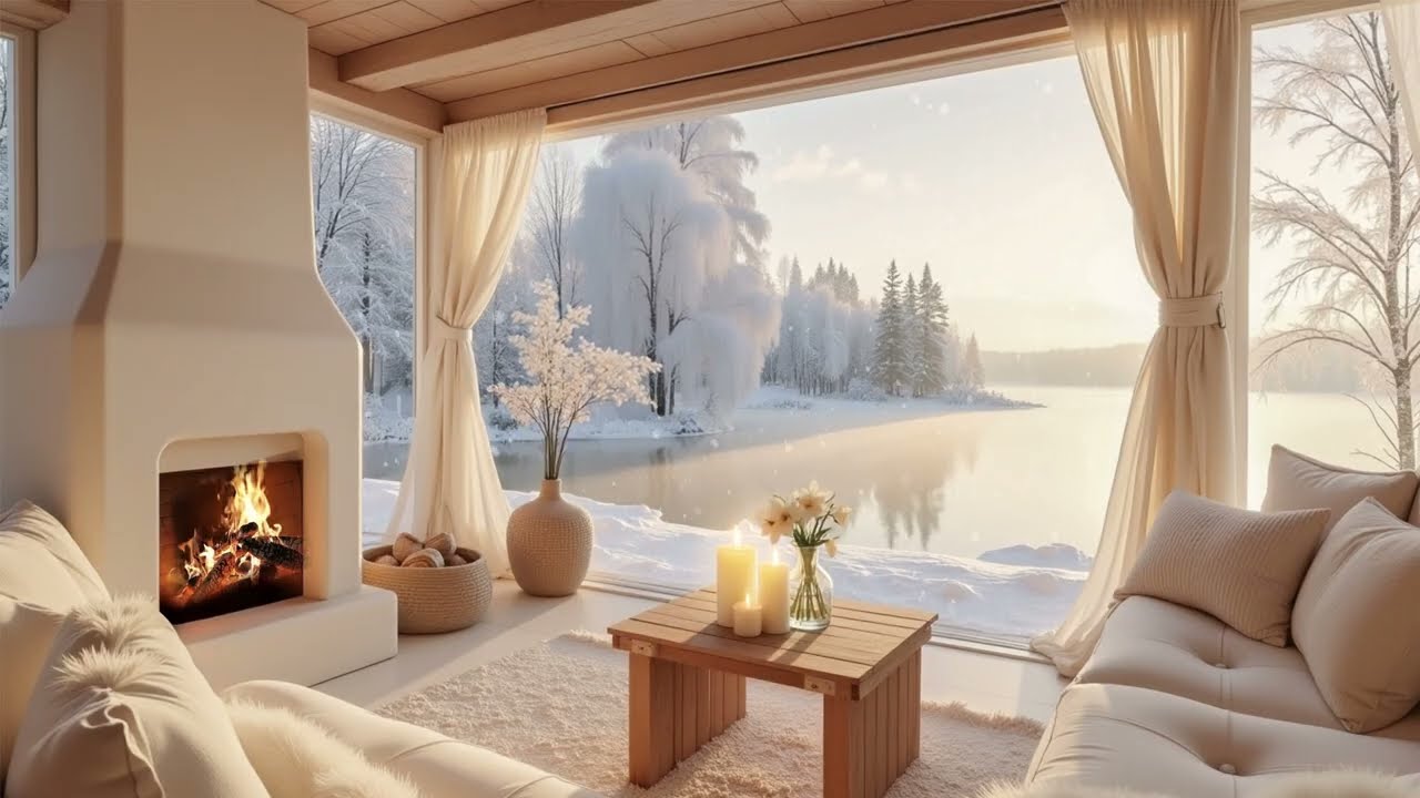 Relaxing Winter Cabin by the Lake ❄️ Soft Piano, Fireplace & Snowfall for Work & Focus