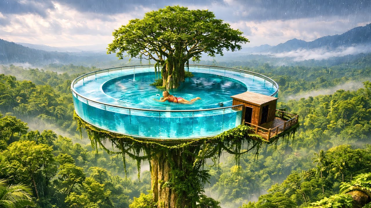 My Summer Holiday 122 Days Building a Floating Ring Glass Swimming Pool Around a Giant Tree (ASMR)