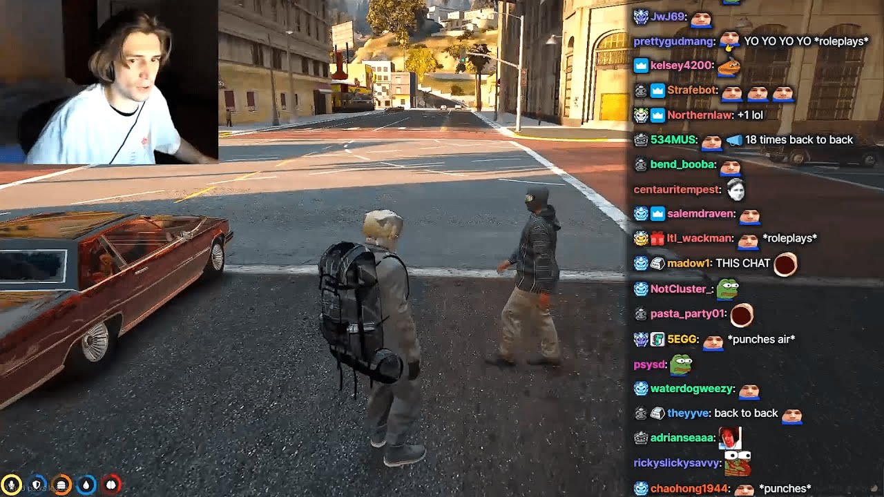xQc's Chat roleplaying as him when him playing RP, until mods nuked them and GTA is crashed