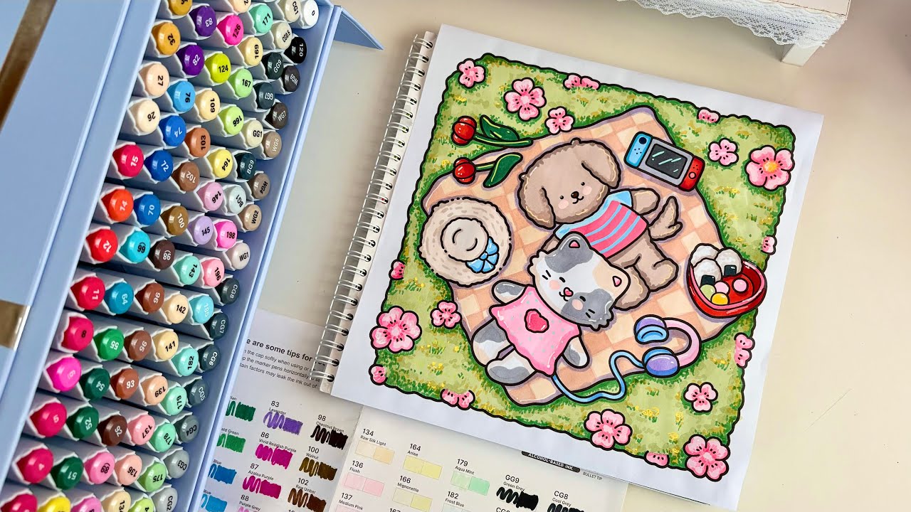 🍄 ASMR Cozy Relaxing Color With Me 🧺🍃 Using Arrtx 90-Color Alcohol Markers