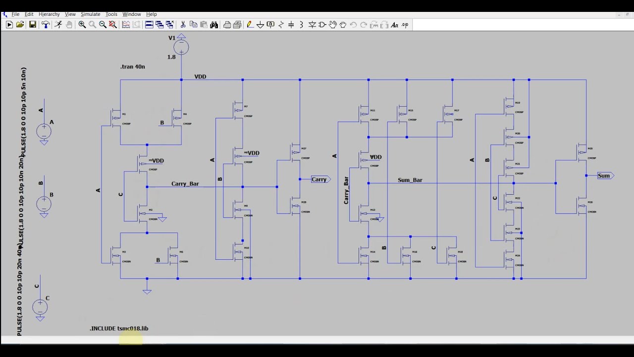 TSMC 180 nm  CMOS Full Adder in  LT Spice Measurement of Delay and Power Sizing of Transistors .