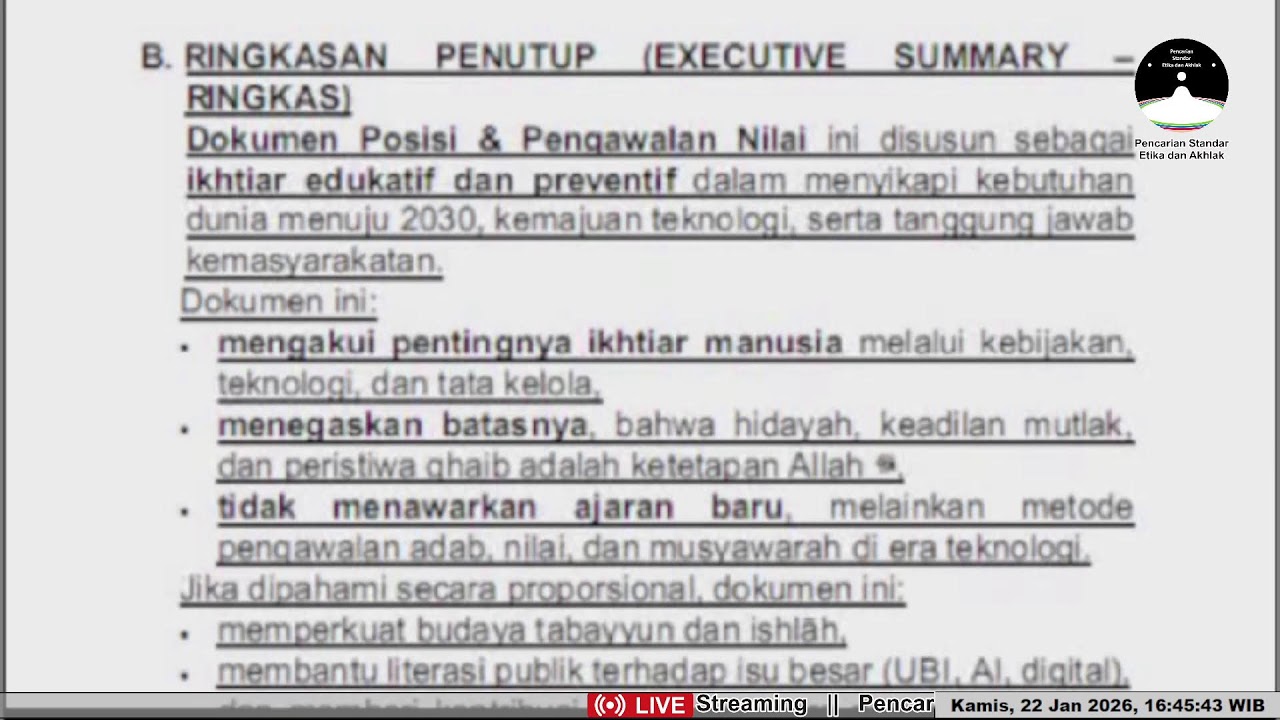 Live Streaming Pencarian Standar Etika dan Akhlak Kamis, 22 Januari 2026 (Sore)