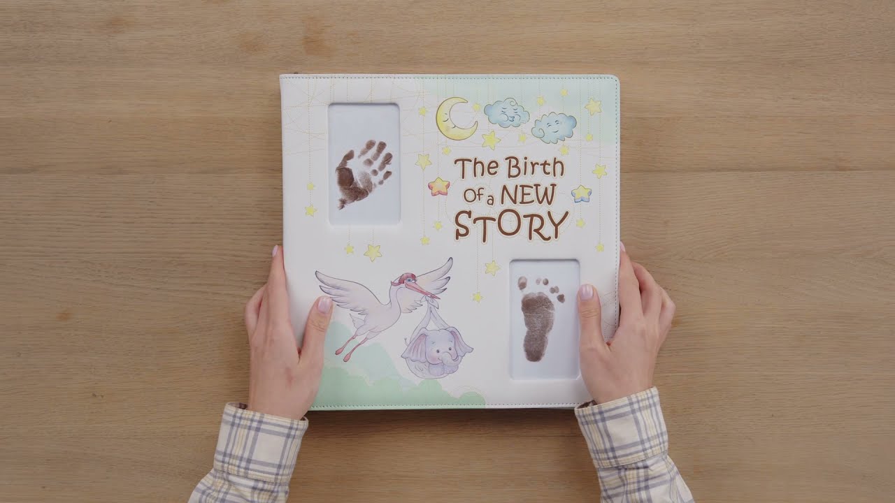 Leather-Bound Baby Memory Book - Baby Scrapbook Album with Footprint Ink Pads and Milestone Stickers