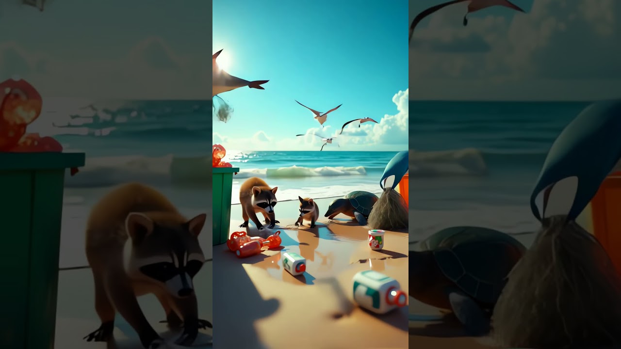 🌊 Beach Cleanup Mission: Wildlife Takes Action! 🦝🐢🕊️#shorts #sea