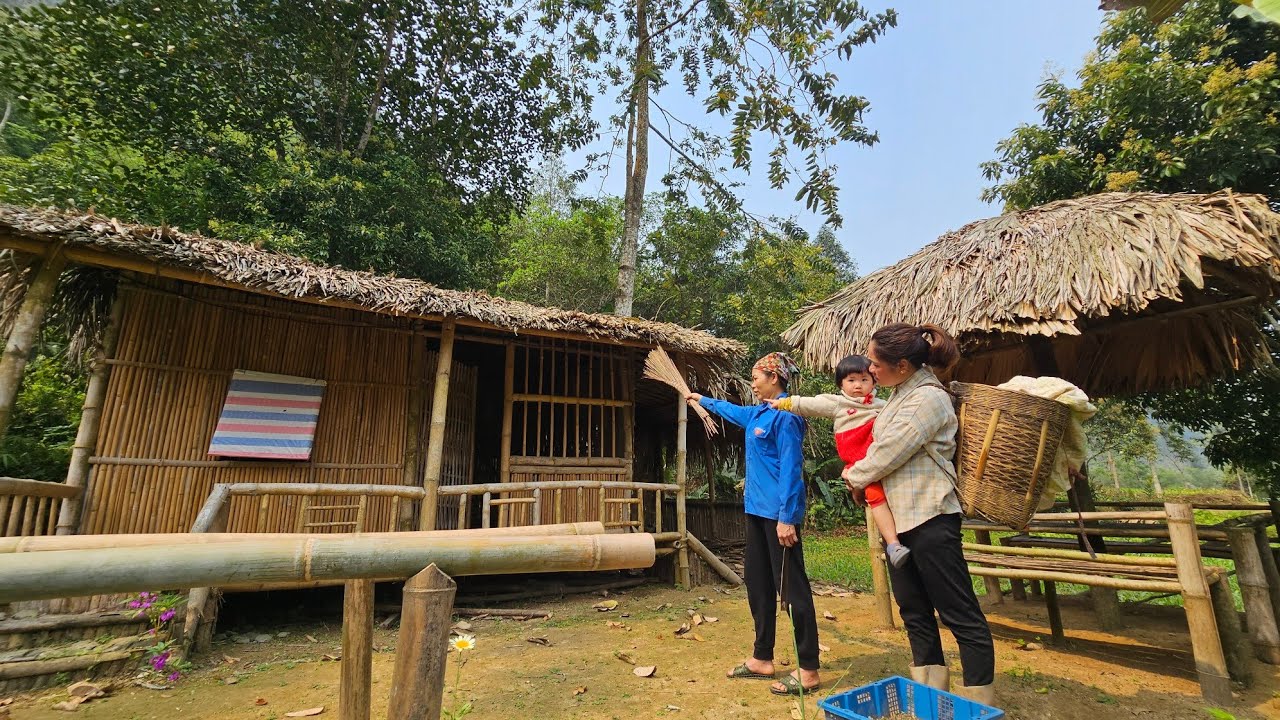 single mother and abandoned house in a deserted forest