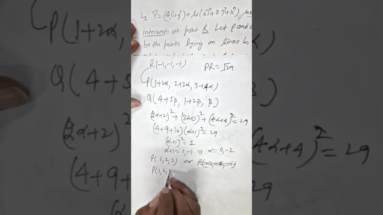 JAN 24 2026 M Let lines L1: ř=î+2ĵ+3ƙ +(lembda)(2î+3ĵ+4ƙ)  Line L2: ř=(4î+ĵ)+ü(5î+2ĵ+ƙ) intersects..