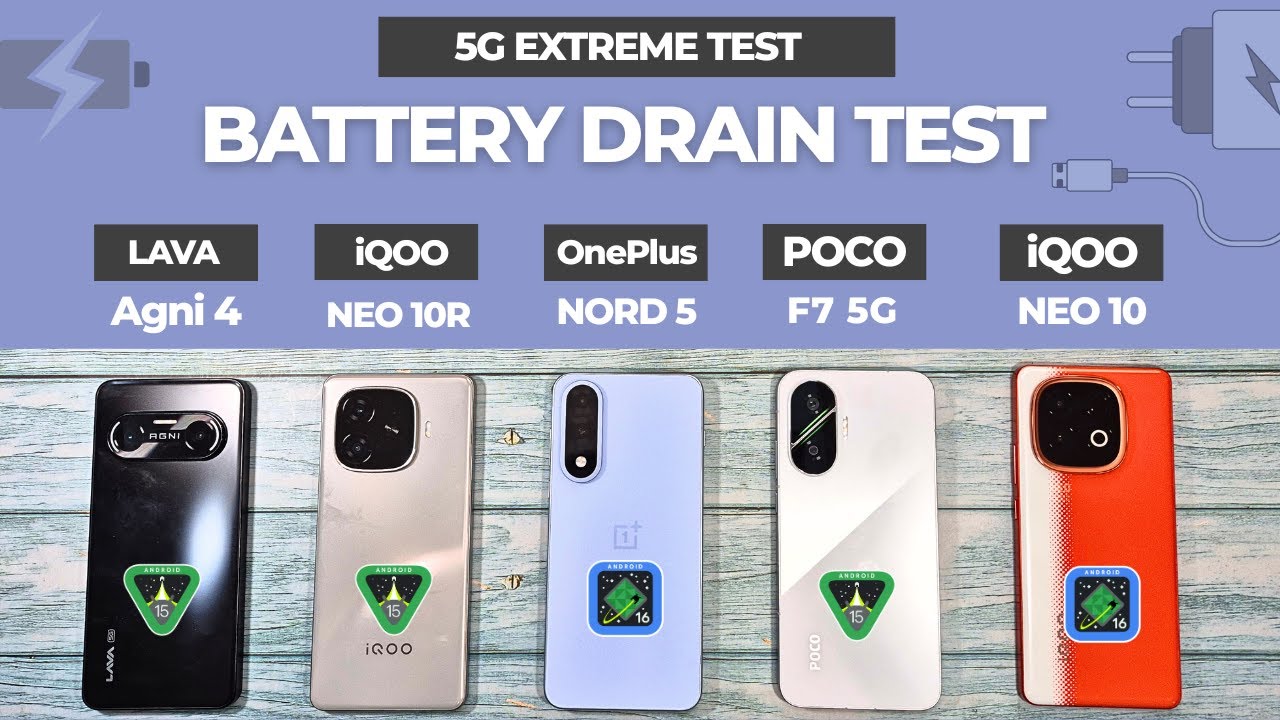 (5G) BATTERY Drain Test | Lava Agni 4 vs iQOO Neo 10R vs OnePlus NORD 5 vs POCO F7 vs iQOO Neo 10