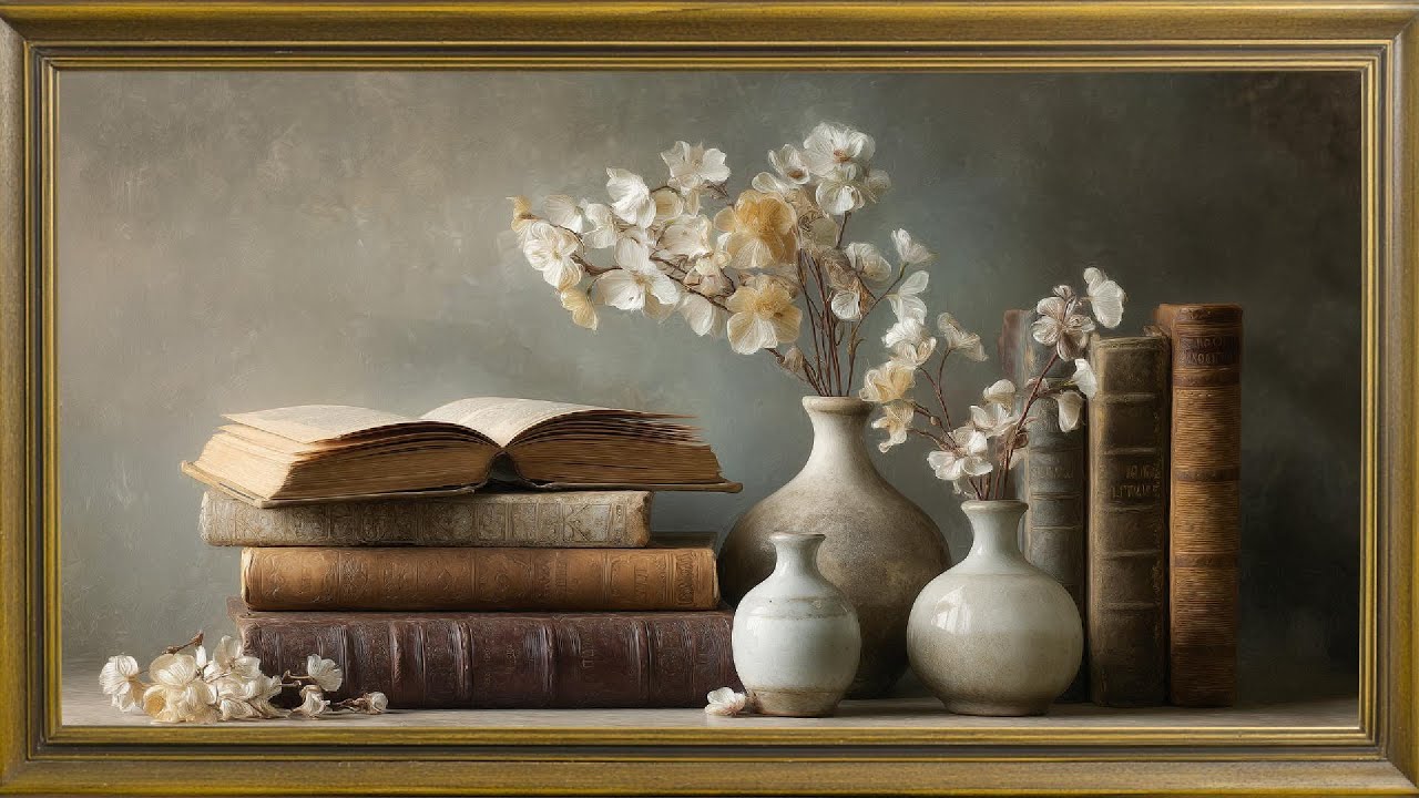 Vintage Books & White Blossoms | Neutral Academia Still Life Framed TV Art | 4 Hours