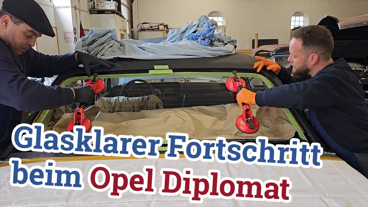 Opel Diplomat Restaurationsfortschritt. Wir bauen die Scheiben ein.