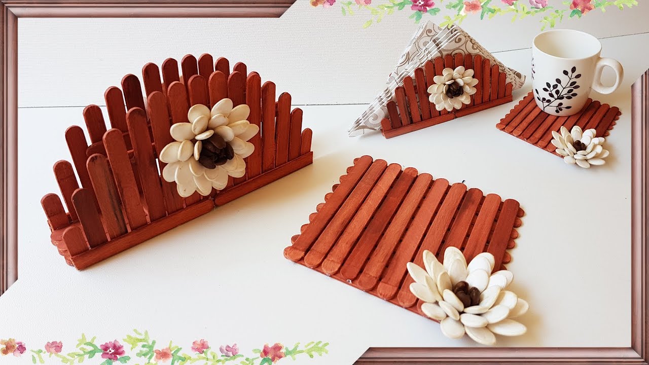 Napkin Holder And Coaster From Sticks And Pumpkin Seeds | Подставка Для Кружки И Салфетница