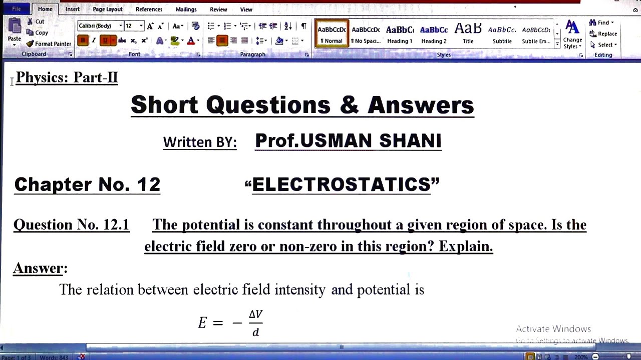 Exercise Short Questions🔥|| Chapter 12 Electrostatics | Class 12 PHYSICS |