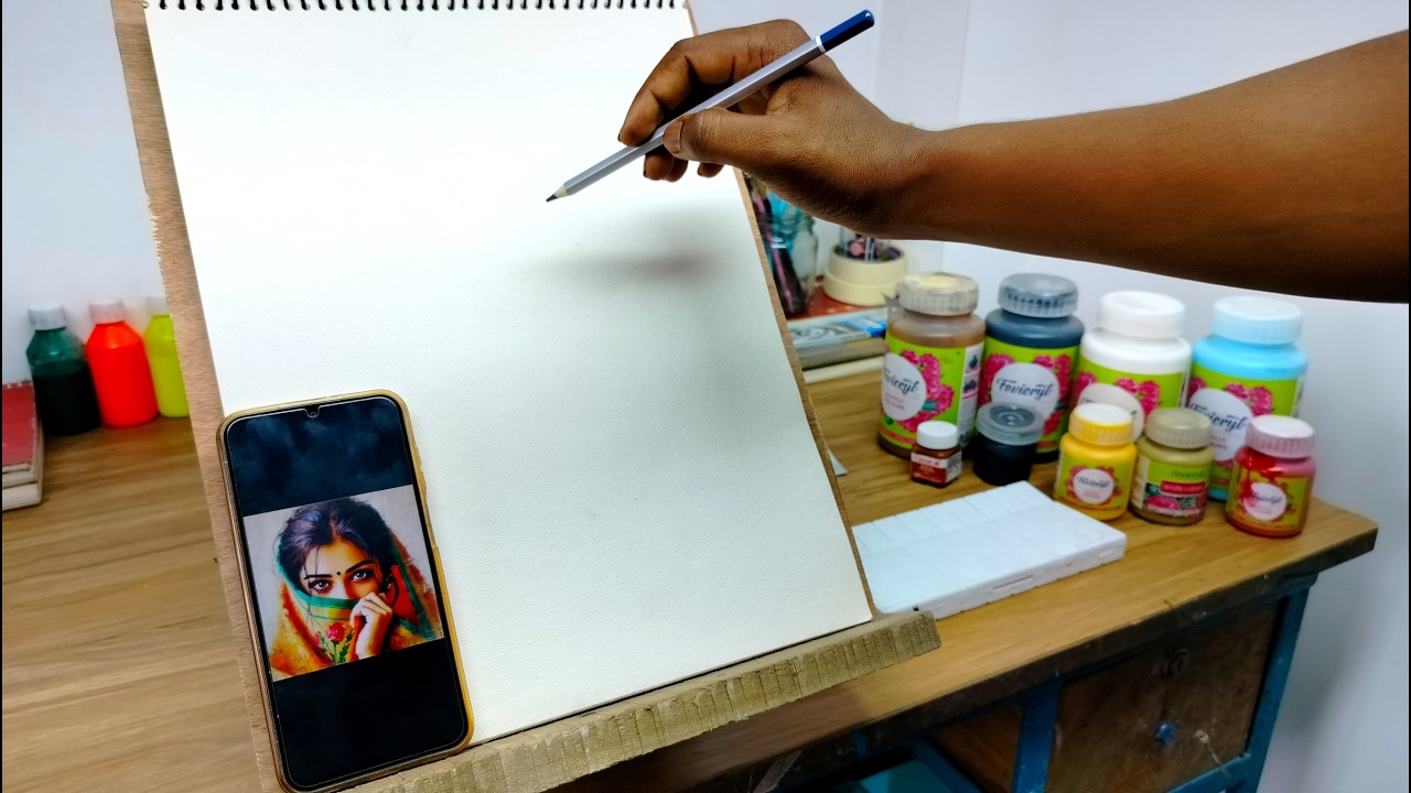 Acrylic painting on handmade paper | indian woman drawing and painting | painting 579