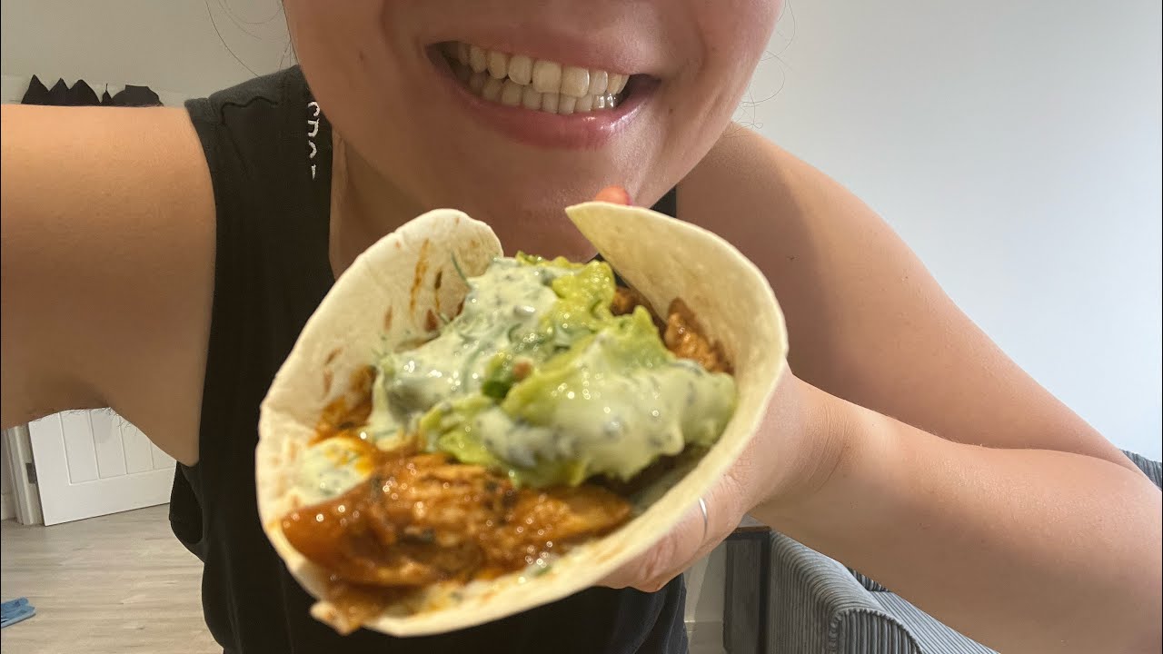 ASMR MUKBANG HOMEMADE CHICKEN TACO with guacamole and yogurt dip