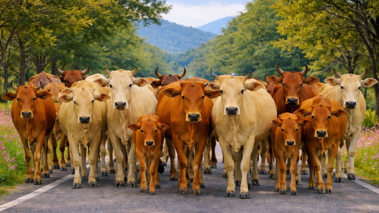 Puluhan sapi lembu jinak di desa berjalan dengan tenang melewati bukit menuju ke ladang