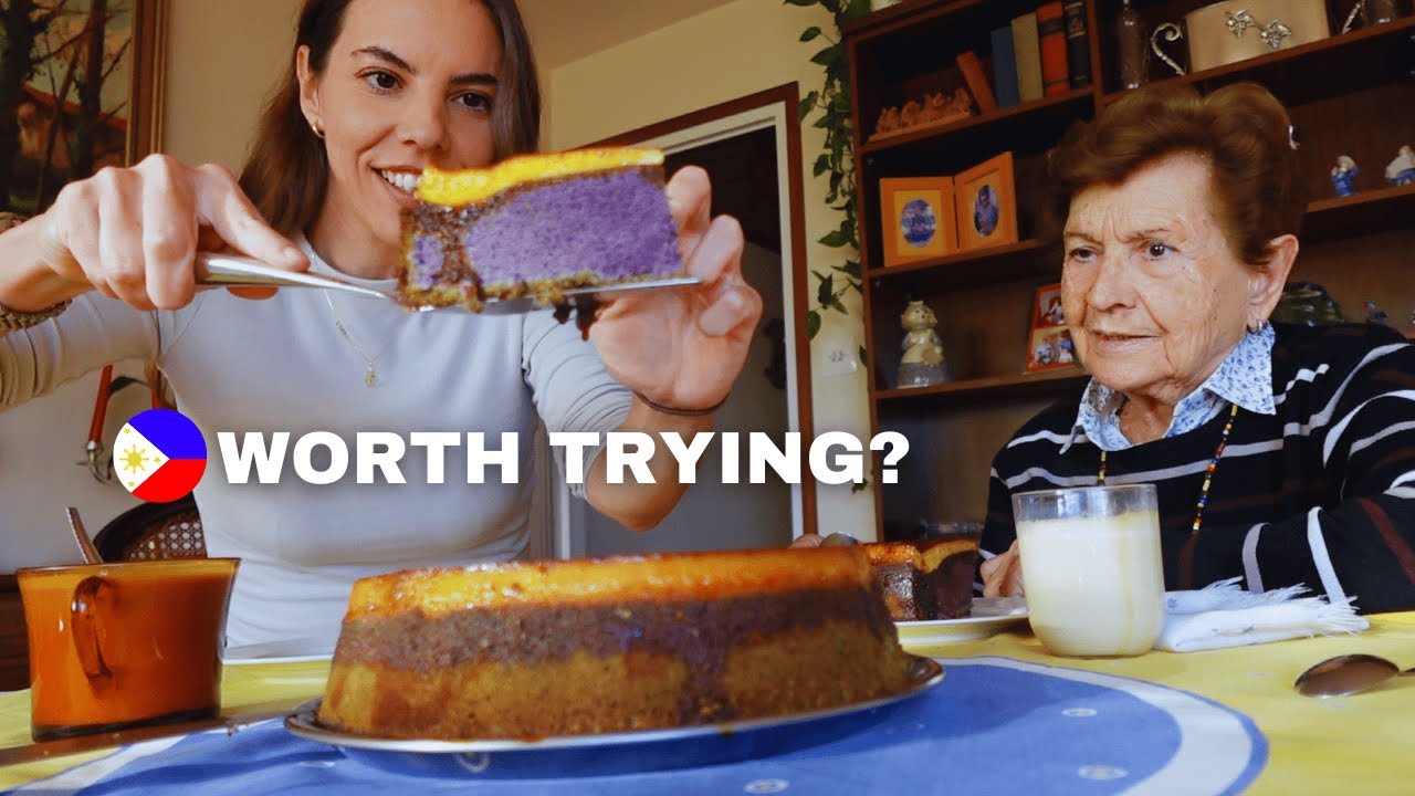Spanish lola tries FLAN DE LECHE UBE cake… will she like it??