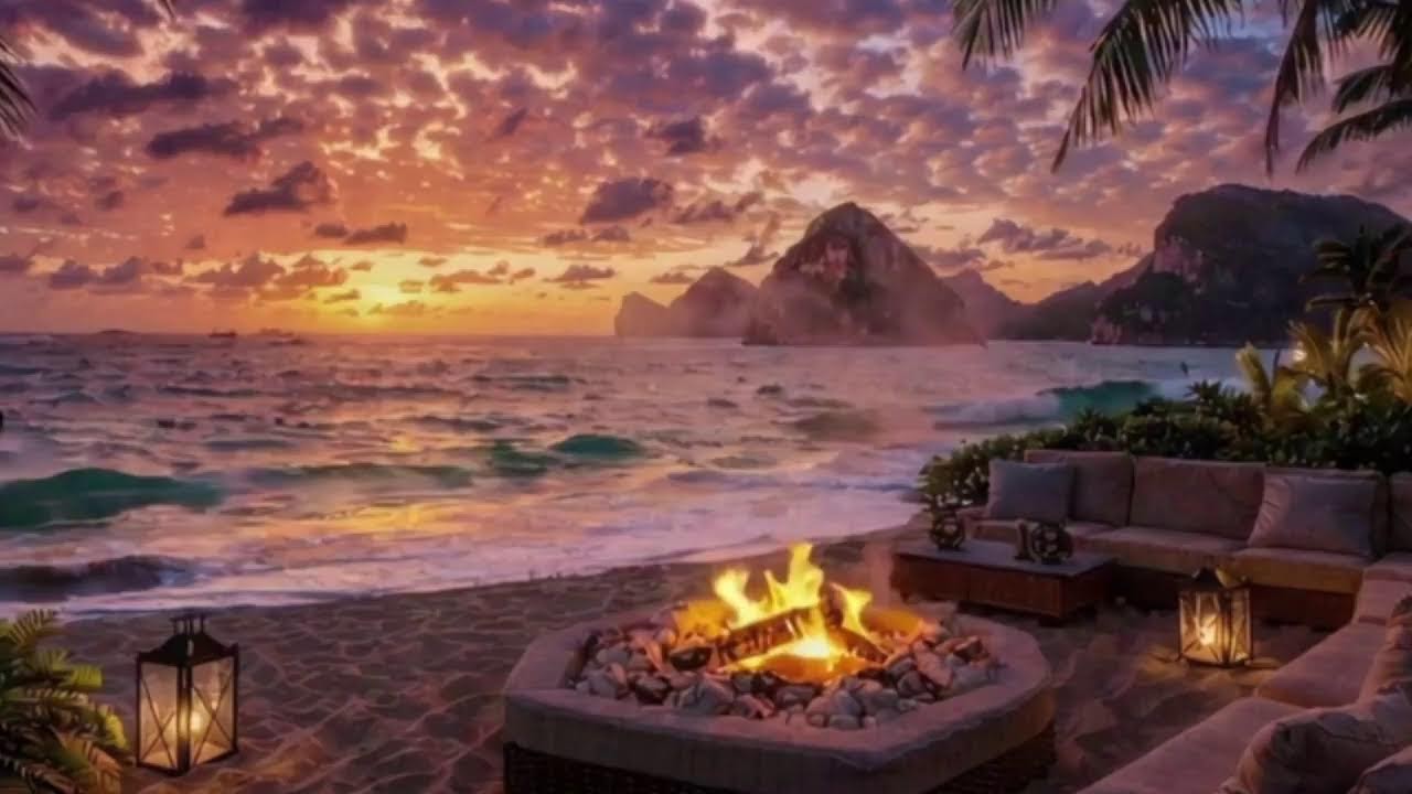 🔥 LIVE Beach Fire Sounds | Relaxing Ocean Waves & Crackling Fire