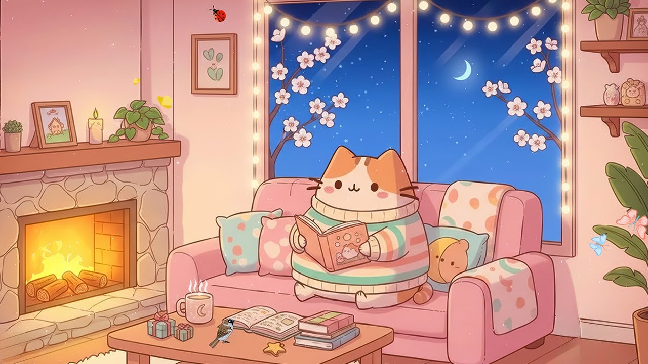 Mochi Cat’s Fireplace Reading 🔥 Lofi Music For Study, Work 🌷 Soft Lofi for Focus & Relaxing Vibes