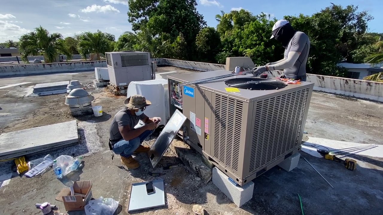 Replacement of the Midea package air conditioner with a cooling capacity of 5 tons (60 BTU)