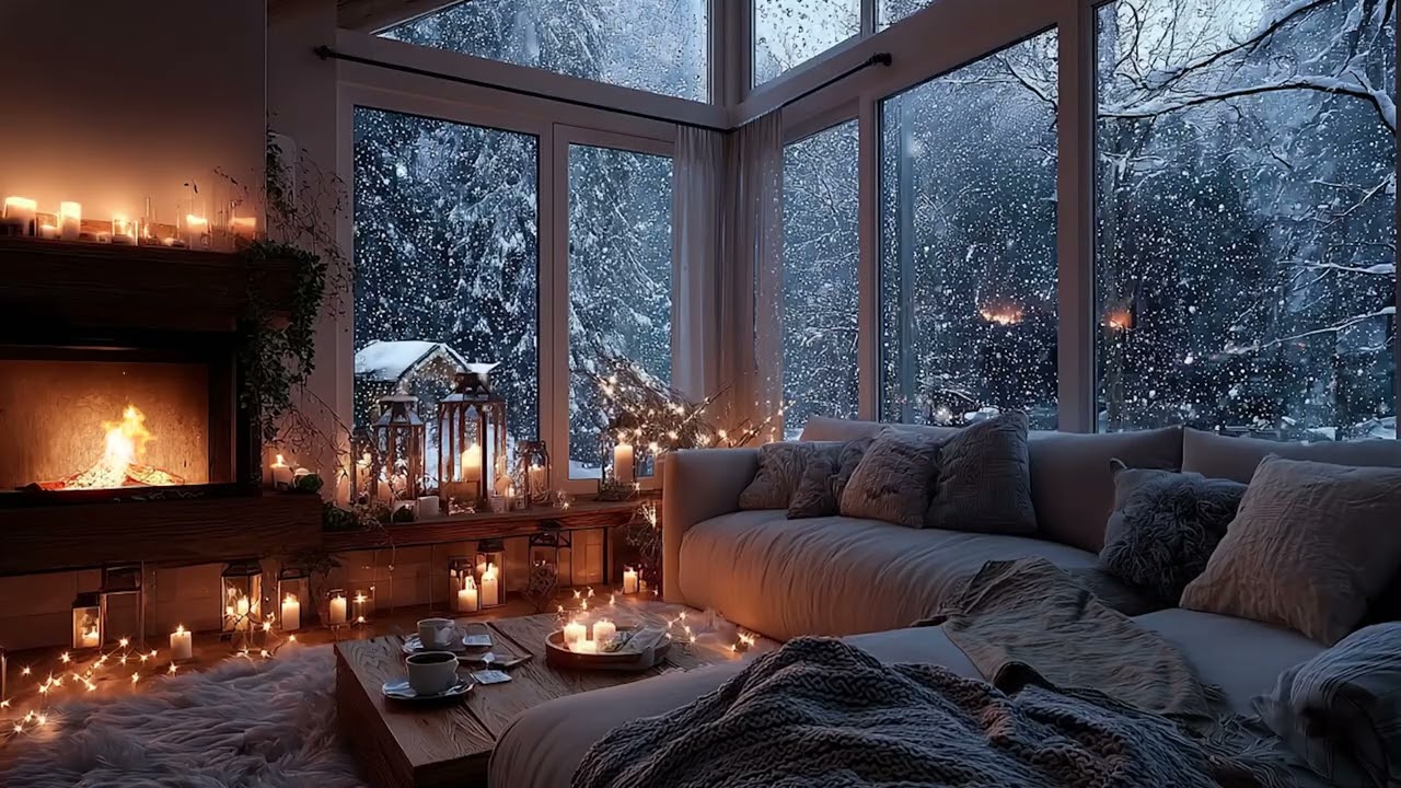 Quiet Winter Snowy Cabin Night ❄️ Soft Fireplace Sounds for Deep Sleep & Relaxation