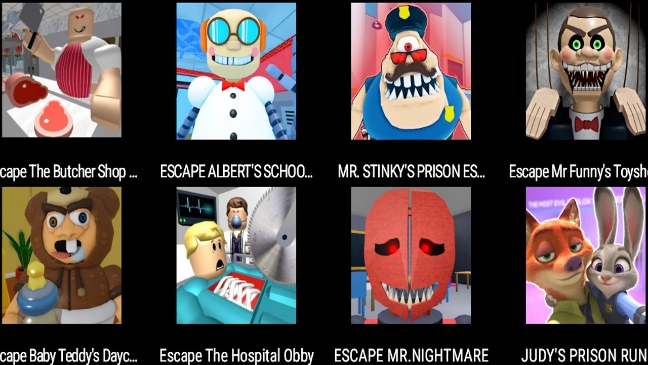 Escape The Butcher Shop Obby!,ESCAPE ALBERT'S SCHOOL RUN!,MR. STINKY'S PRISON ESCAPE!