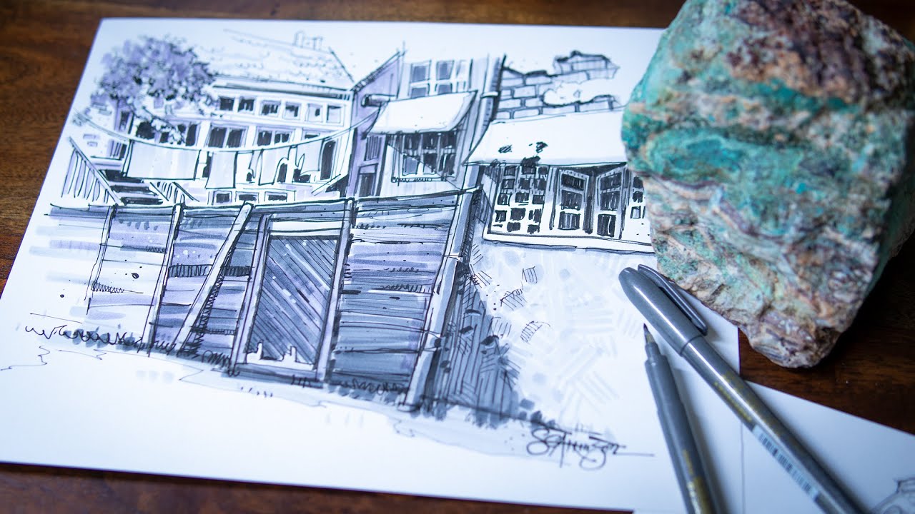 Alleyway Brush Pen Urban Sketch With No Perspective and No Pencil Drawing To Guide Me